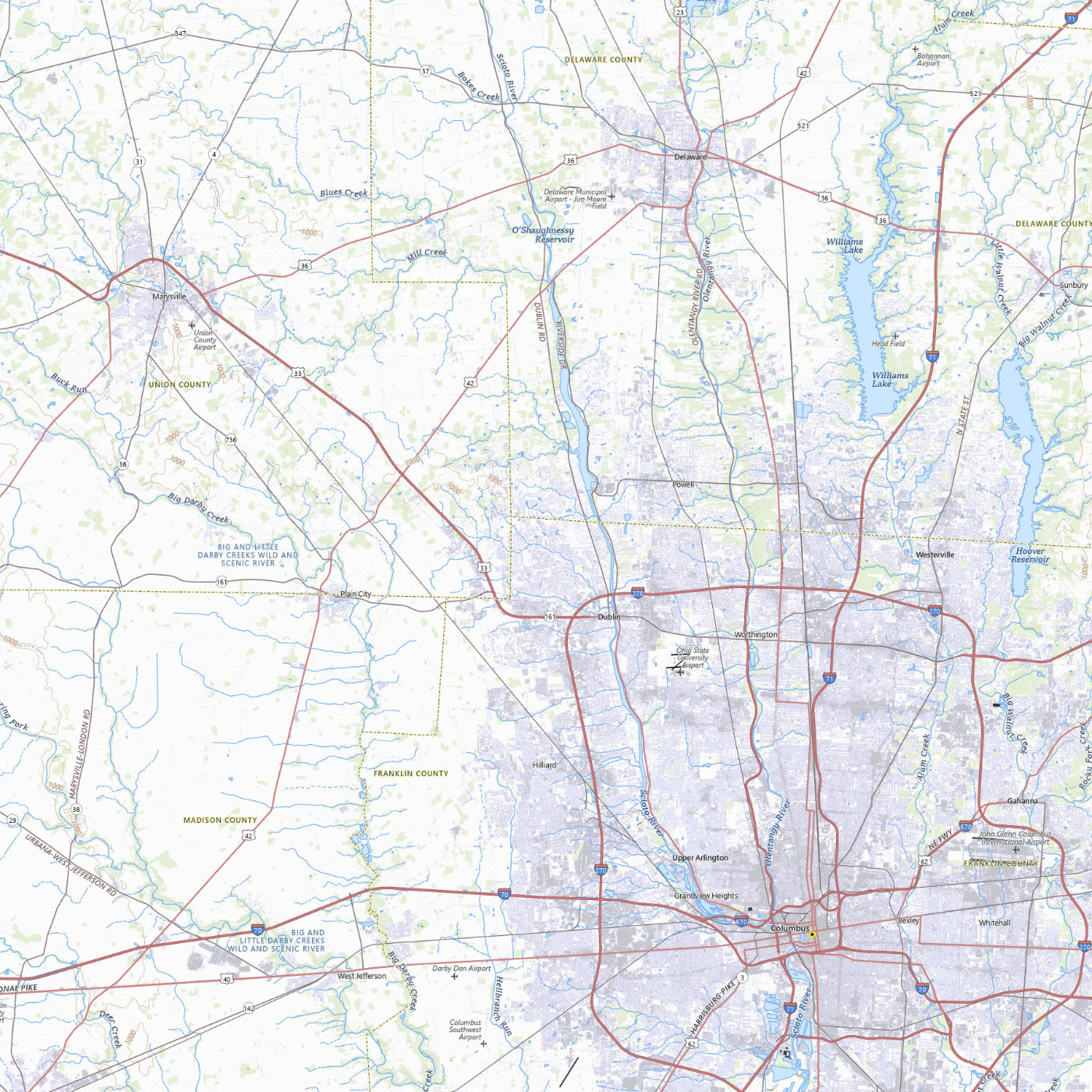 Central Ohio road and river map, from Marysville and Delaware in the north to Columbus in the south.